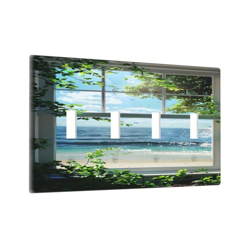 Decorative Switch Covers Plate Window Beach Seascape View Green Leaves 4 Gang Wall Plate Oversized Quad Toggle Light Switch Plate Jumbo Faceplate for Country Bedroom Home Decor