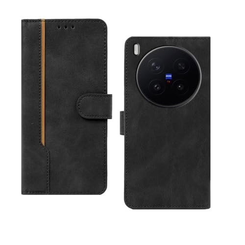 Image of amazon basics Vivo X300 Pro 5G Flip Cover | Card Pockets Wallet & Stand | Flip Cover for Vivo X300 Pro 5G (Black with Beige Strip)