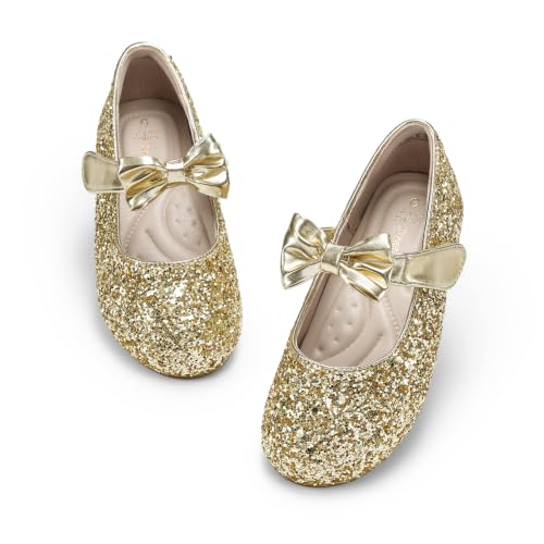 DREAM PAIRS Girls Dress Shoes Mary Jane Flats | Bow flower girl shoes ballet flats ballerina sparkly shoes for wedding,party,school,church,communion 5 Toddler Gold-glitter