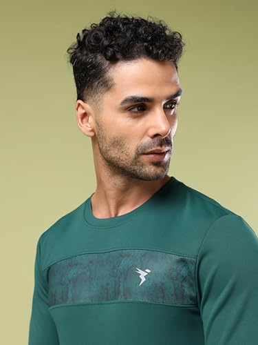 Image of TECHNOSPORT Men Polyester Self Design Chest Print Slim Fit Long Sleeve T-Shirt for Gym, Workout and Regular Use with SPF50+