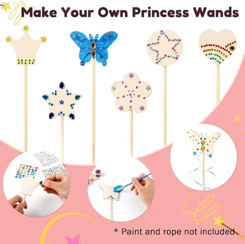 Pllieay Princess Fairy Wands Kit for Birthday Party Favors Decorations, Include 18 Pieces 6 Styles Unfinished Wooden Princess Wand and 4 Gem Stickers Princess Art Magical Show for Party Supplies by Pllieay - Image 4
