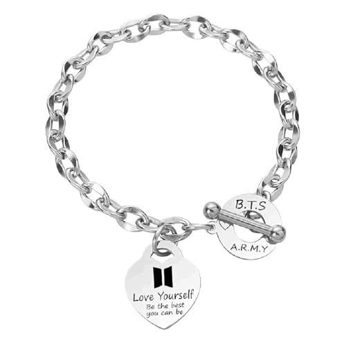 NHPY Edelstahl Armband Unisex Silber Bracelet Herz Anhänger Armbänder BTS Fanartikel BTS Merch Kpop Fanartikel Geschenke für k-pop Fans