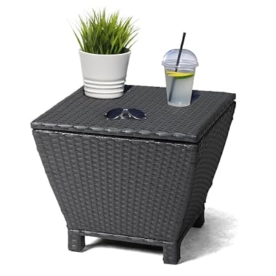 HOMSUPPLIE'S 13 Gallon Outdoor Side Table with Storage Space, Waterproof Wicker Patio Deck Box, Rattan End Table with Hidden Storage for Pool Towels, Toys & Garden Tools(Black,Trapezoid)
