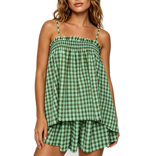 Image of SOOKABEILA Women 2 Piece Lounge Set Sleeveless Striped Cami Peplum Top Boxer Shorts Loose Ruffle Matching Pj Sets Outfits