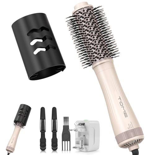 Image of Blow Dryer Brush, 1200W Hair Dryer Brush in One, 45mm Round Hot Air Brush for Volume & Smooth Blowouts, Dual Voltage 120-240V with ALCI, Ceramic Titanium Barrel, with Protective Cap, Pink