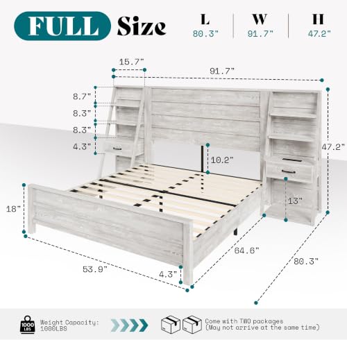 Image of AMERLIFE Full Size Farmhouse Bed Frame with Storage Headboard, 4-Tier Bookshelf Platform Bed with Charging Station, 2 Drawers, Noise-Free Wood Bed, No Box Spring Needed, Rustic White