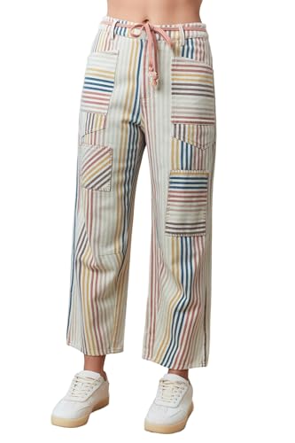 Hey Sweetie Women's Multi Pin Stripe Washed Twill Jeans – Patchwork Denim Barren Fit Vintage-Inspired Relaxed High Rise Pants
