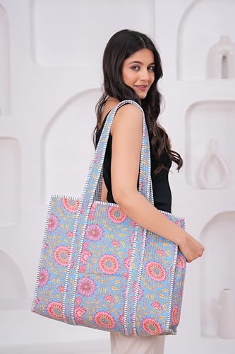 Indian Cotton Quilted Tote Bag Women shoulder Bag Carry, shopping Beach Bag Summer Holiday Essentials Shopping Travel Bag with Pockets Handbags for Women (R.Turquoise) - Image 4