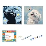 FLAJZ 2 Stück Malen Nach Zahlen Tiere Kinder mit Rahmen – DIY Bastelset Katze & Hund, Kreatives Malset für Jungen & Mädchen, Leinwand Painting Kit mit Farben & Pinseln, Geschenkidee ab 5 Jahren