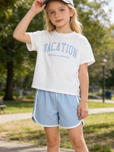 Image of Girls 6 Piece Outfits Letter Print Vacation Tee Top and Dolphin Shorts Tracksuit Sets for Kids Sports, Casual, Dance