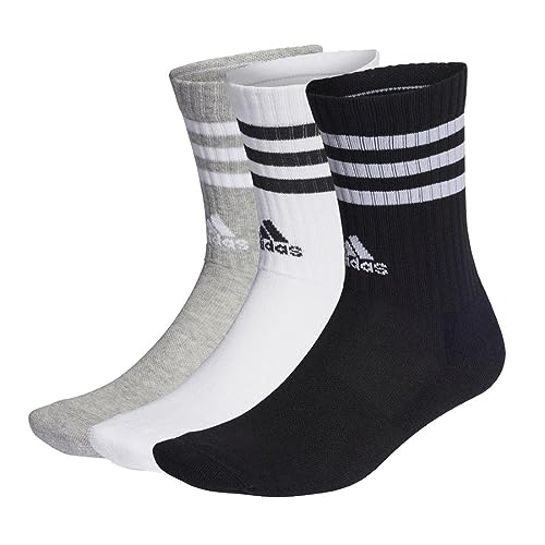 adidas Unisex - Adulto 3-Stripes Cushioned Crew Socks 3 Pairs, Medium Grey Heather / White / Black / White, 6.5-8