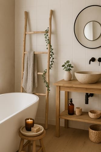 Biscottini Escalera toallero baño 148 x 36 x 3 – Escalera decorativa de madera – Toallero de bambú