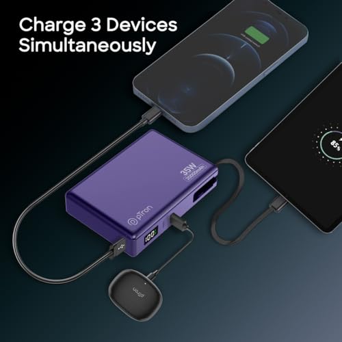Image of pTron Dynamo Sprint 20000mAh 35W Super Fast Charging, USB Type-C Input Power Bank Compatible with QC3.0 /PD3.0, Built-in Charging Cable, 3 Charging Outputs, Type-C Input /Output Port (Purple)