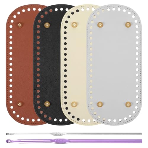 Ouligay 4 Stück Taschenboden zum Häkeln mit 2 Häkelnadeln, 22x10cm Taschenboden, PU Leder, Oval, Vorgestanzt Bag Bases for Crochet, Kunstleder Boden für Tasche Häkeln DIY Stricktaschen Korbflechten