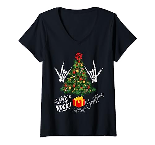 Femme Let's Rock Christmas - Punk Rock Sapin de Noël Main en Os T-Shirt avec Col en V