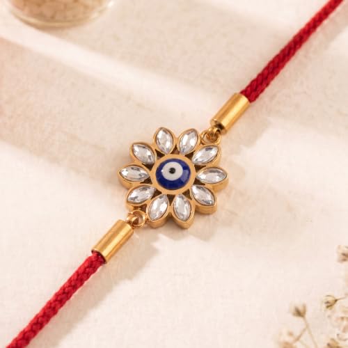 Image of PALMONAS Demifine 18K Gold Plated Evil Eye Rakhi for Brother - Waterproof & Anti-Tarnish Designer Rakhi for Men | Premium Raksha Bandhan Rakhee with Roli Chawal