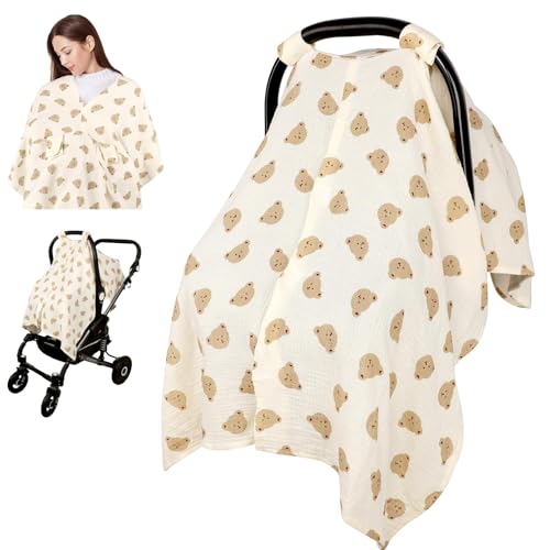 Image of Car Seat Cover Baby Girls Boys, Summer Cotton Baby Car Seat Cover for Carseat, Comfortable Muslin Nursing Cover, Soft Baby Blanket, Breathable Lightweight Infant Stroller Canopy, Cute Bear