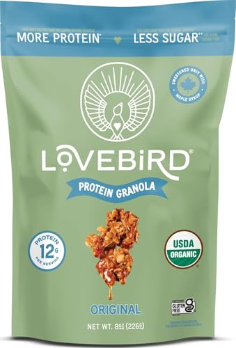 Lovebird Gluten Free Granola - Organic Protein Granola - 7 Real Ingredients - No Refined Sugar & Healthy Original Mix for High Protein Cereal, Gut Health, USDA Organic - Original 1 Pack