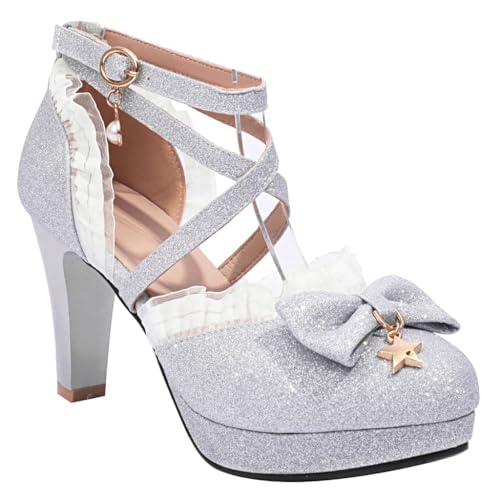 Women's Glitter Chunky High Heels Mary Jane Pumps Shoes Round Toe Platform Bow Lolita Party Dress Shoe