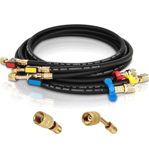 Upgraded 1/4 A2L Ball Valve Refrigerant Hose Set - 6FT Heavy Duty HVAC Hoses - 45 & 180 Left-Hand Adapters + Triple Crimp - Tri-Color Coded for R-1234yf R-32 R-454B R-410A R-134A (3 Pcs)