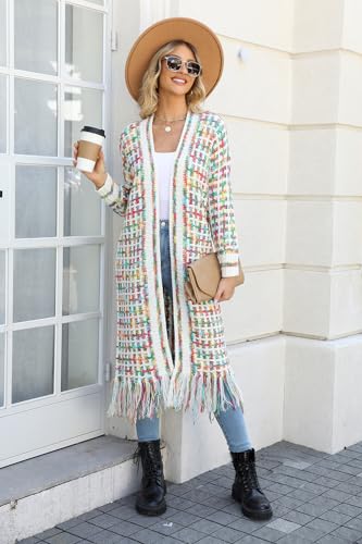 Image of Womens Boho Cardigan Sweater Maxi Long Colorful Fringed Tassels Knitted Cardigan Jacket Outwear