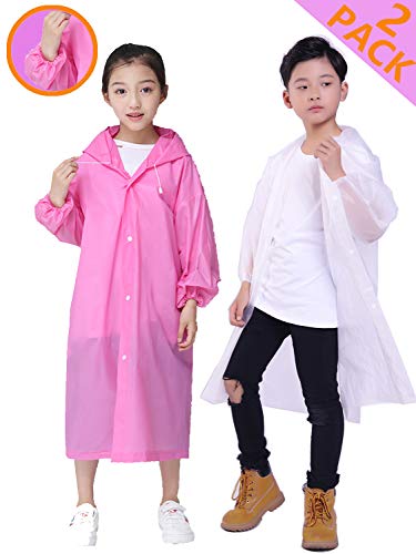 HLKZONE Raincoat for Kids, [2 Pack] EVA Kids Rain Coat Reusable Rain Poncho Jacket for Boys and Girls 6-13 Years Old