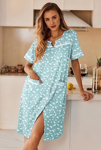 Image of Ekouaer Nightgowns for Women House Dress with Pockets Button Down Sleepshirt Short Sleeve Nightshirt Housecoat