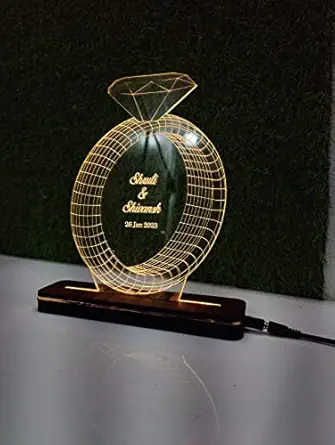 Shaivya Illusion lamp Customized Couple Name, Diamond Ring 3D Illusion Lamp, Personalized 3D Illusion, LED Night lamp with Wooden Base, Customized Name and Tagline