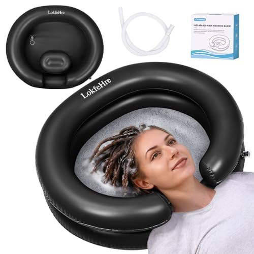 Black Inflatable Shampoo Basin, Stain Resistant Ergonomic Neck Support Hair Washing Bowl for Bedridden Elderly Disabled, Portable Leakproof PVC Sink with Drain Hose for Home Care Locs Detox
