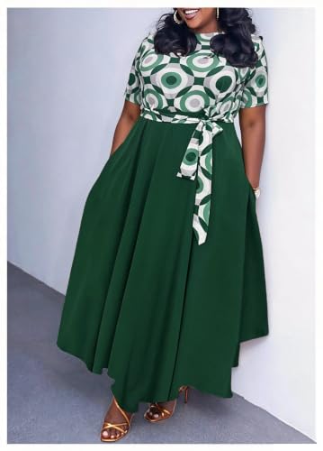 Image of Hostoyo Women Plus Size Formal A Line Maxi Dress Self Tie Waist with Pockets Elegant Round Neck Swing Long Dresses