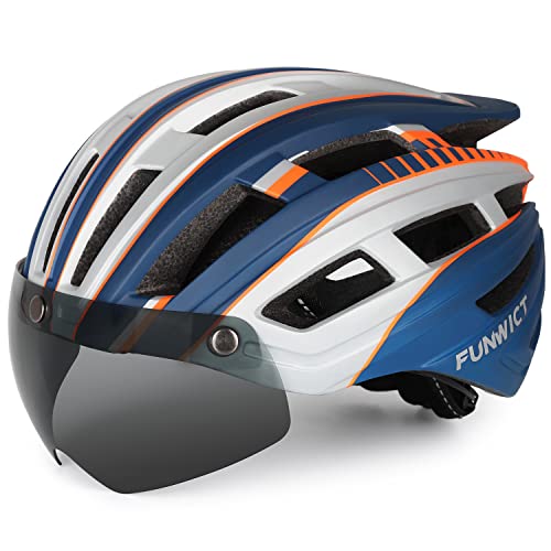 FUNWICT Casco Bicicleta Hombre Casco MTB con Gafas Magnéticas Extraíbles y Forro Interior Casco Bicicleta con Luz Trasera LED para Ciclismo 57-61 CM (Plata Azul)