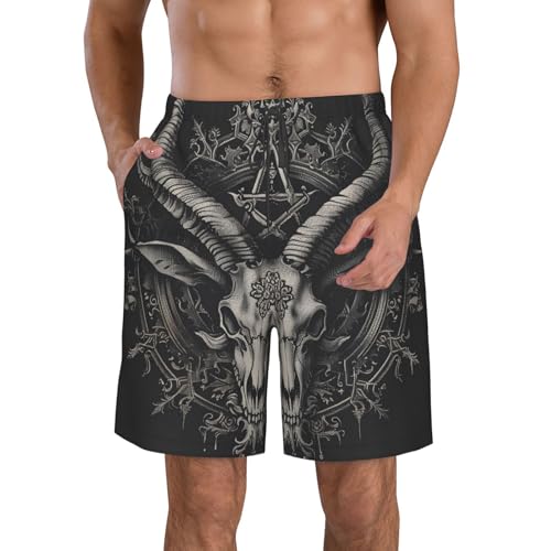 Men's Quick Dry Swim Shorts Goat Skull Occult Satan Devil Gothic Dark Beach Trunks with Pockets