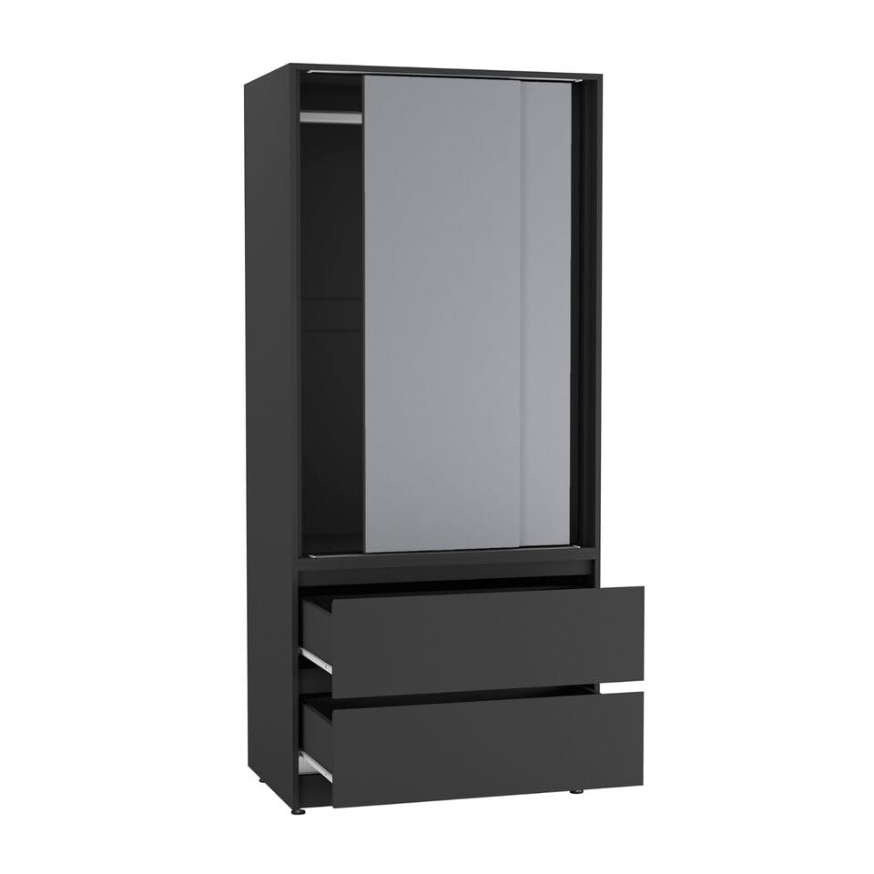 URBNLIVING 2-Door 2-Drawer Sliding Wardrobe, Modern Bedroom Storage Cupboard with Hanging Rail, Smooth Silent Sliding Doors, Adjustable Feet, Safety Wall Fixing and Mix or Match Carcass & Door Colours