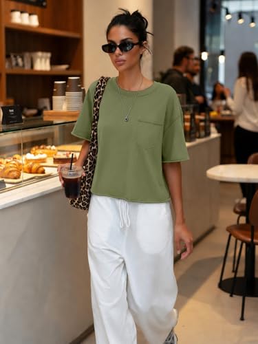 Image of ATHMILE Womens Crop Tops Workout Shirts Gym Oversized Spring Summer Basic Tees Short Sleeve Casual Loose Drop Shoulder 2026