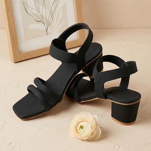 Image of SKOLL Women's Low Block Heel Strappy Sandals, Comfort Elastic Ankle Strap Open Toe Heeled Sandals, Casual Dressy Walking Sandals with Dual Front Straps