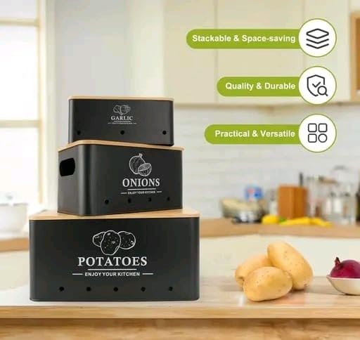 Image of 3 Pieces Potato Onion Storage Bin Sturdy for Kitchen Counter Farmhouse Decor white|Home & Garden | Kitchen Storage & Organization |3 Food Storage Containers (Black)