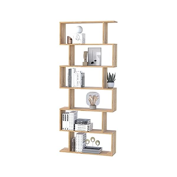 HOMCOM Wooden Wood S Shape Storage Display 6 Shelves Room Divider Unit Chest Bookshelf Bookcase Cupboard Cabinet Home Office Furniture (Oak) - Image 8