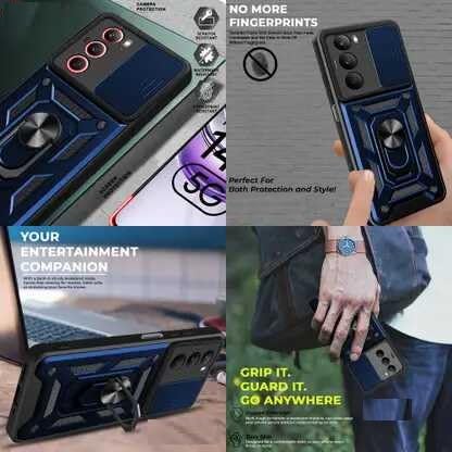 Image of SPAZY CASE Realme C73 5G Back Cover | Heavy Duty Hybrid Case with 360 Degree Rotating Finger Ring Holder + Slider Shutter Camera Protection Case for Realme C73 5G - Blue