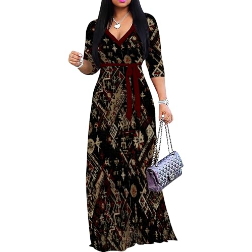 Image of Women Plus Size 3 /4 Sleeve V Neck Maxi Dress with Pockets | Soft fabric relaxed fit three quarter sleeve v neck with pockets for party and daily wear