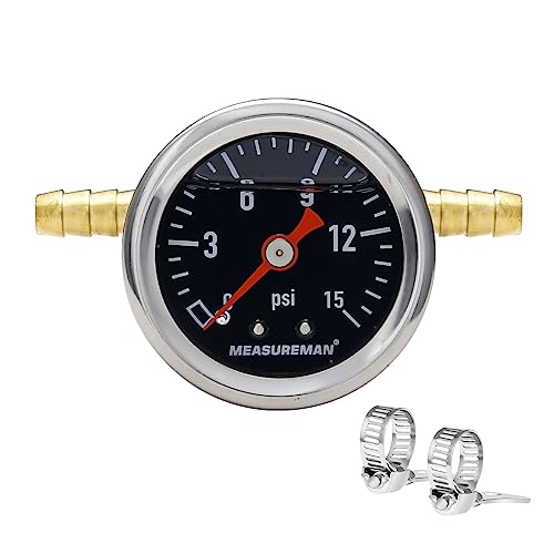 MEASUREMAN Fuel Pressure Gauge Kit 0-15Psi Stainless Steel Glycerin Filled, 1-1/2" Black Dial Size, with 5/16" Fuel Line Fuel Pressure Brass T-Fitting Adapter, Center Back Mount
