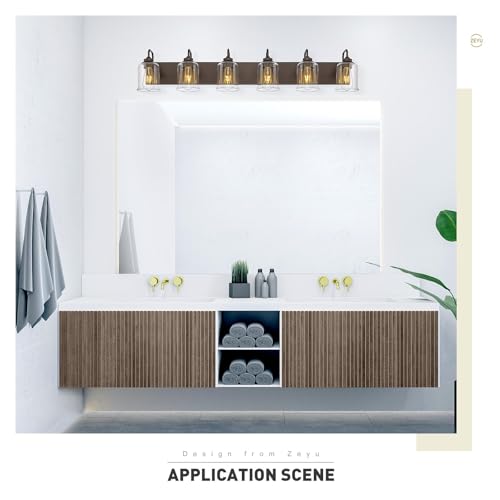 Image of zeyu 44 Inch Farmhouse Bathroom Vanity Lights, 6-Light Bathroom Light Fixtures with Clear Glass Shade, Oil Rubbed Bronze Finish, ZSL72B-6W ORB
