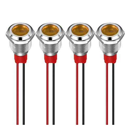 GUUZI 4pcs 12mm Indicador Luz LED 220-230V Luz Señal a Prueba de Agua Panel de Metal Indicador LED Luz Señal Montaje en Panel Cabeza Plana con Cables Carcasa Plateada (Amarillo)