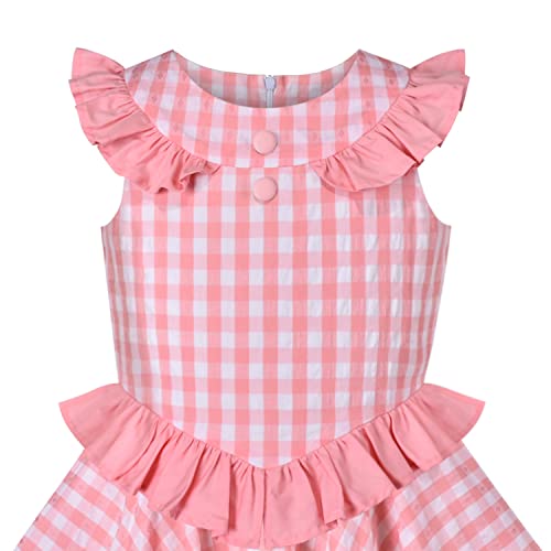 Sunny Fashion Girl Dress Ruffle Pink Plaid Checkered Button Sleeveless O-Neck Size 4 #TOP2