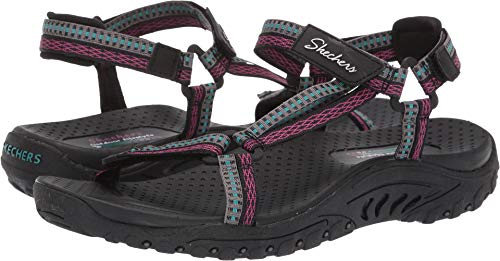 Skechers Reggae-Dub Fest, Sandalias de Punta Descubierta Mujer, Negro (BLK Black, Teal & Pink Webbing), 37 EU