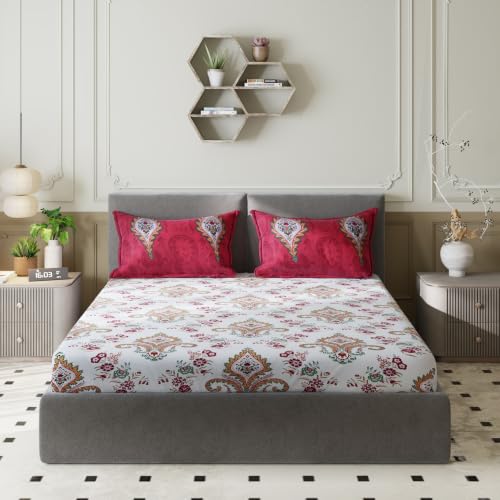 Image of Amazon Basics - 100% Cotton Flat Bedsheet | 144TC |King Bed Sheet with 2 Pillow Cover|Soft Cotton | Floral Print | 90 Inch x 108 Inch, Beige