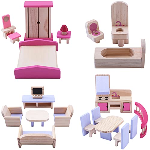 Wooden Doll Furniture,Doll House Furniture Bathroom, Kitchen, Bedroom, Living Roomï¼ŒWooden Dollhouse Furniture Set for Pretend Games, Doll House Decoration, and Intellectual Development