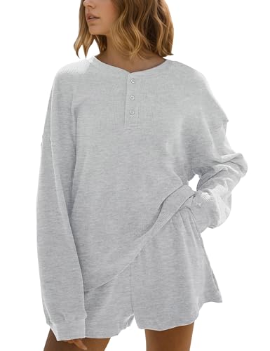 MISSACTIVER Waffle Knit Lounge Sets for Women Long Sleeve Oversized Sweatshirt Elastic Waist Shorts Fall 2 Piece Matching Set