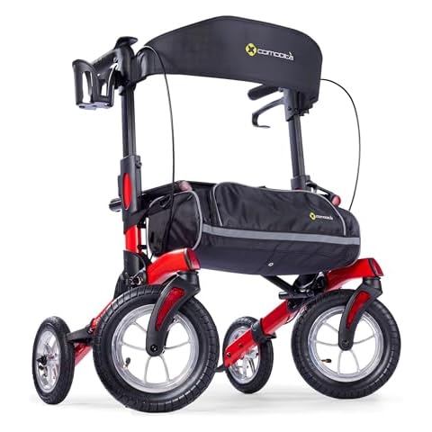 Comodità Tipo Petite All Terrain Rollator Walker for Seniors with Seat, Four Wheeled, Folding, for Adults up to 5’4” Tall, Cup Holder, Cane Holder, Shopping Bag and Transport Bag, Modena Red Cover