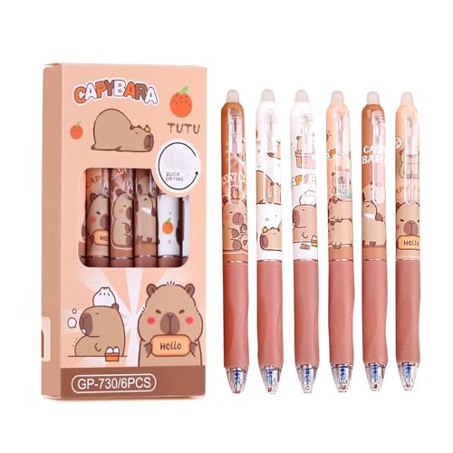 FloralGrace Lot de 6 stylos gel Kawaii au design de capybara, ensemble de stylos rétractables à séchage rapide, stylos Kawaii rétractables, stylos...