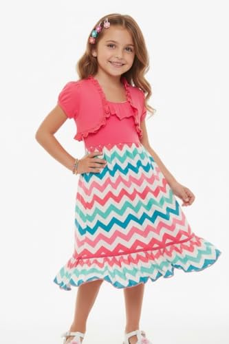 Image of ToBeInStyle Girls Two Piece Short Sleeve Dress and Matching Bolero Crop Cardigan Assorted Prints Cotton Blend Summer Outfit